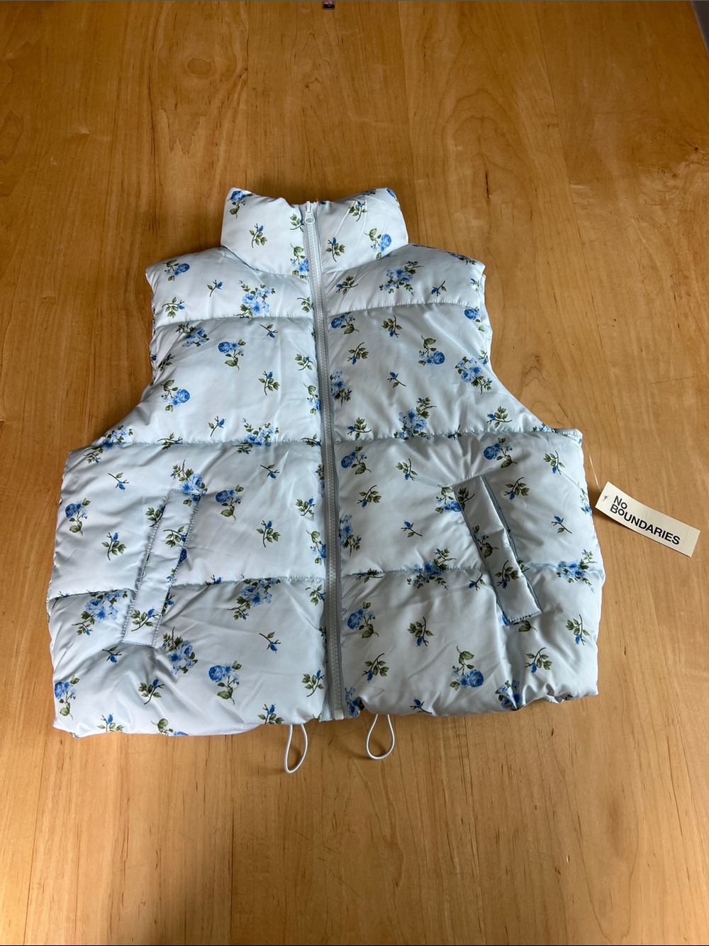 No Boundaries Pale Blue Floral Puffer Vest
